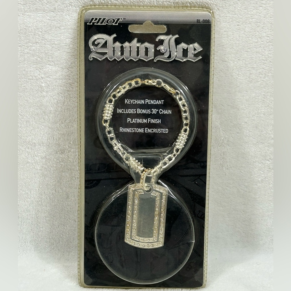 Auto Ice Pilot Dogtag Keychain Pendant 30” Chain Platinum Finish Rhinestone VTG.